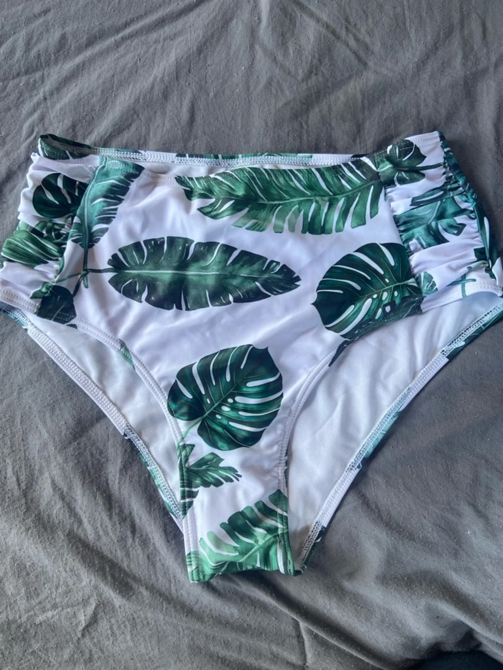 NWOT White High-Waist Bikini Bottom with Green Tropical Leaf Print